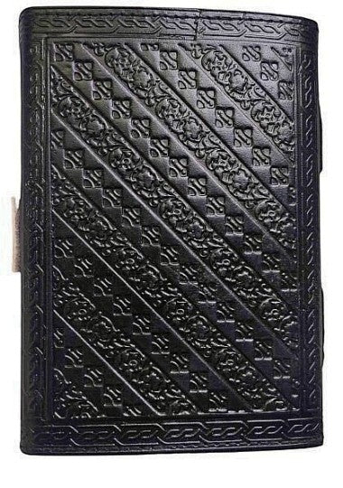 Retkatha handcrafted black leather journal with embossed Celtic knotwork and pentagram design.