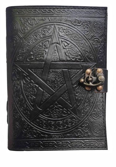 Retkatha handcrafted black leather journal with embossed star and Celtic knotwork, featuring a vintage brass clasp.