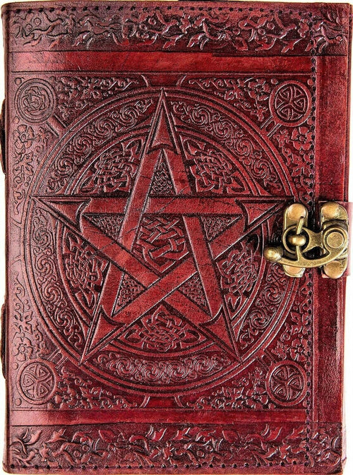Retkatha handcrafted reddish-brown leather journal with embossed Celtic star, knotwork, and vintage brass metal clasp.