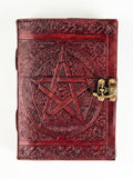 Retkatha handcrafted reddish-brown leather journal with embossed Celtic star and vintage brass metal clasp.