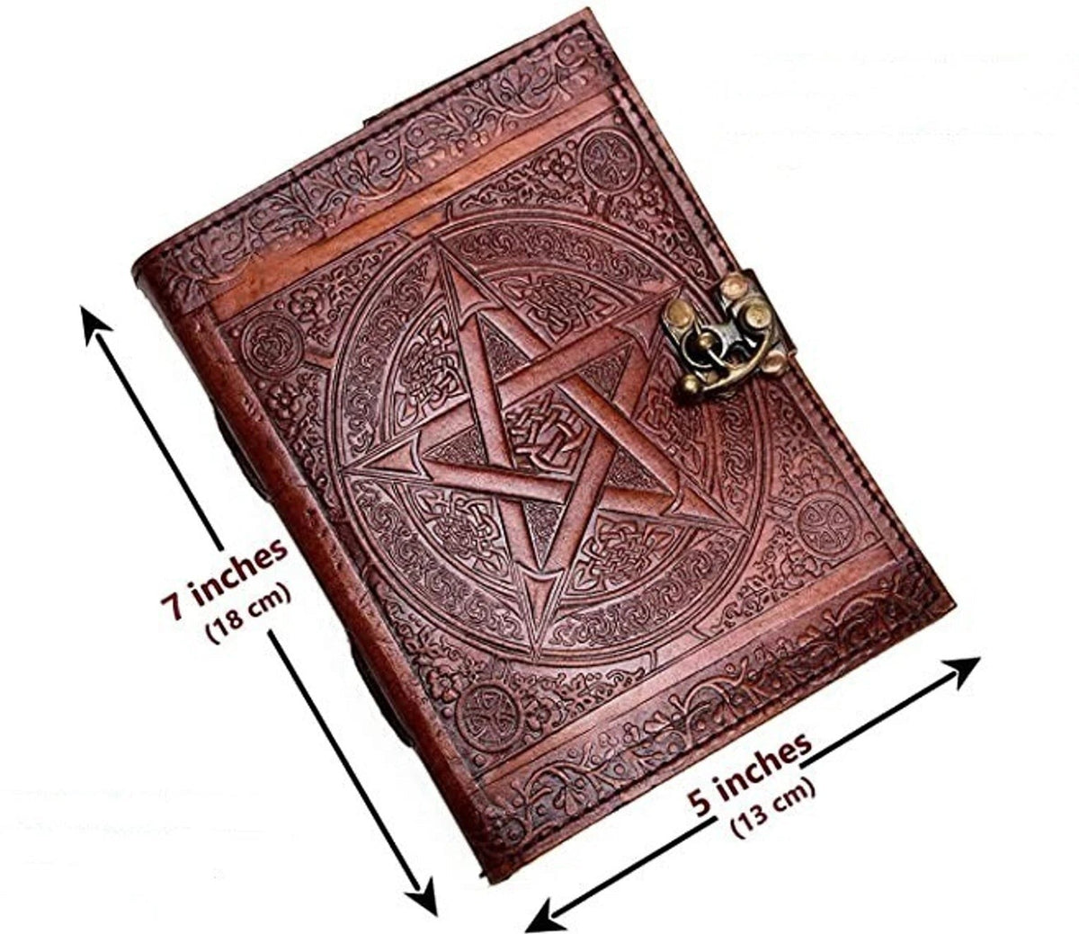 Retkatha handcrafted brown leather journal with embossed star and Celtic knotwork, featuring a vintage brass clasp.