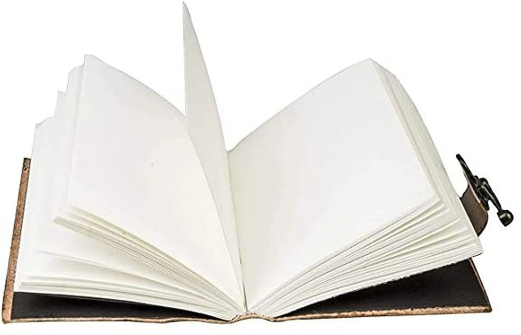 Retkatha handcrafted leather journal open to blank pages with a vintage brass-tone metal clasp closure.