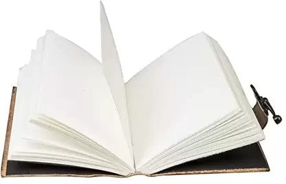 Retkatha handcrafted black leather journal with blank deckle edge pages and antique brass clasp closure.