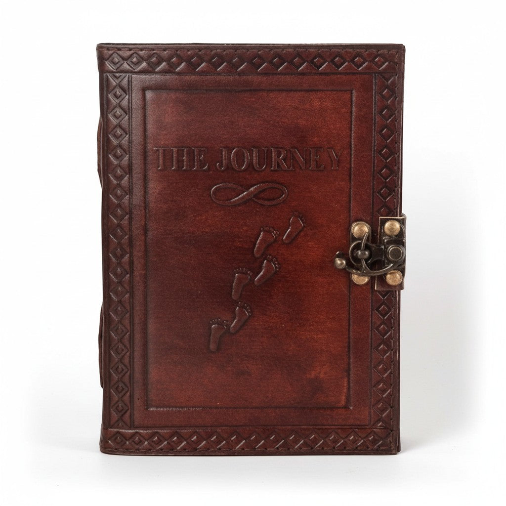 Retkatha handcrafted dark brown leather journal with embossed The Journey text, footprints, and vintage metal clasp.