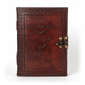 Retkatha handcrafted dark brown leather journal with embossed The Journey text, footprints, and vintage metal clasp.