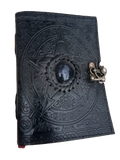 Retkatha handcrafted black leather journal with embossed pentagram, blue gemstone, and antique brass clasp lock.