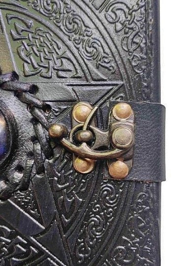 Retkatha black leather journal with embossed Celtic pentagram, blue gemstone, and antique brass clasp lock.