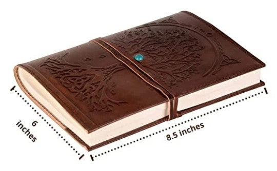 Retkatha cognac brown buffalo leather journal with embossed Tree of Life, turquoise stone, and 100 blank deckle pages.