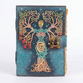 Retkatha handcrafted buffalo leather journal with a colorful Tree of Life goddess motif and antique brass clasp lock.