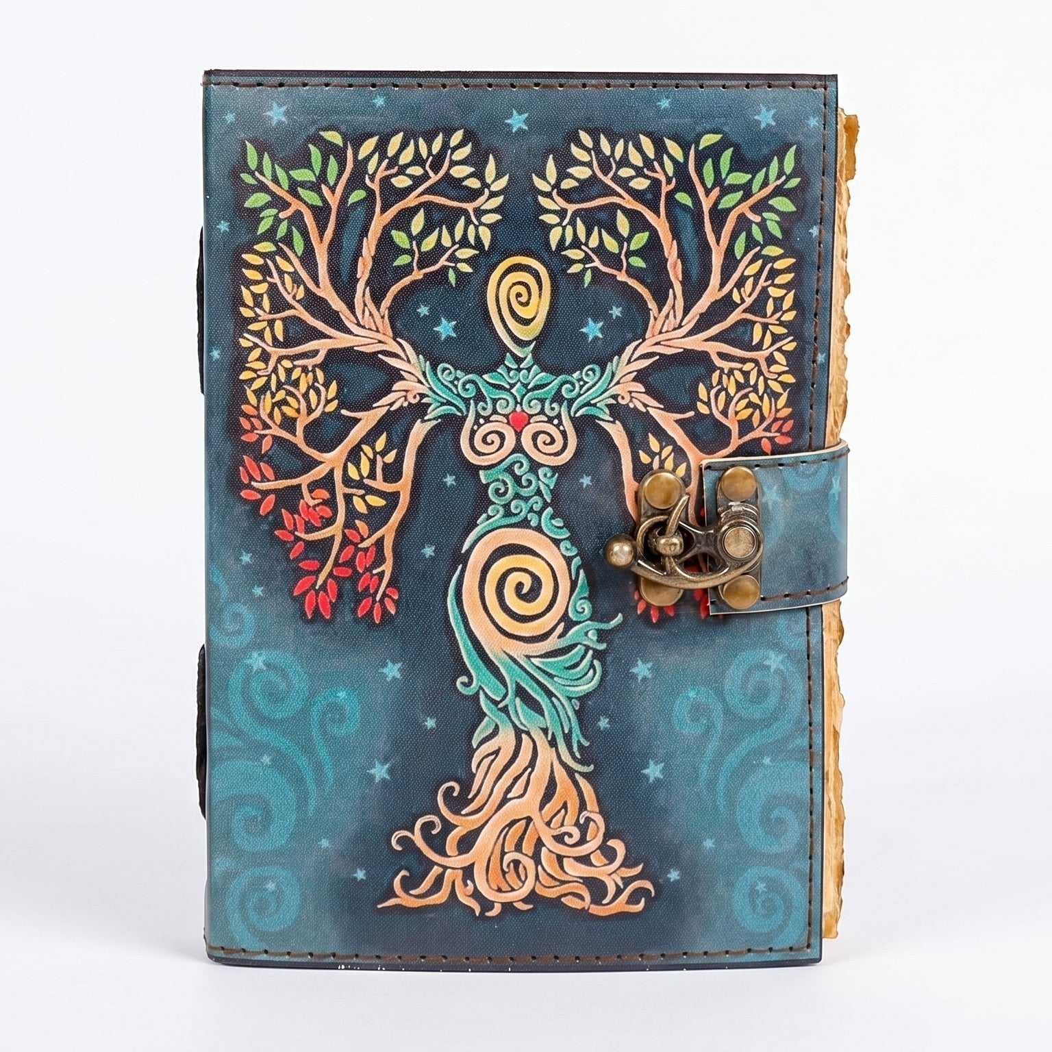 Retkatha handcrafted buffalo leather journal with a colorful Tree of Life goddess motif and antique brass clasp lock.