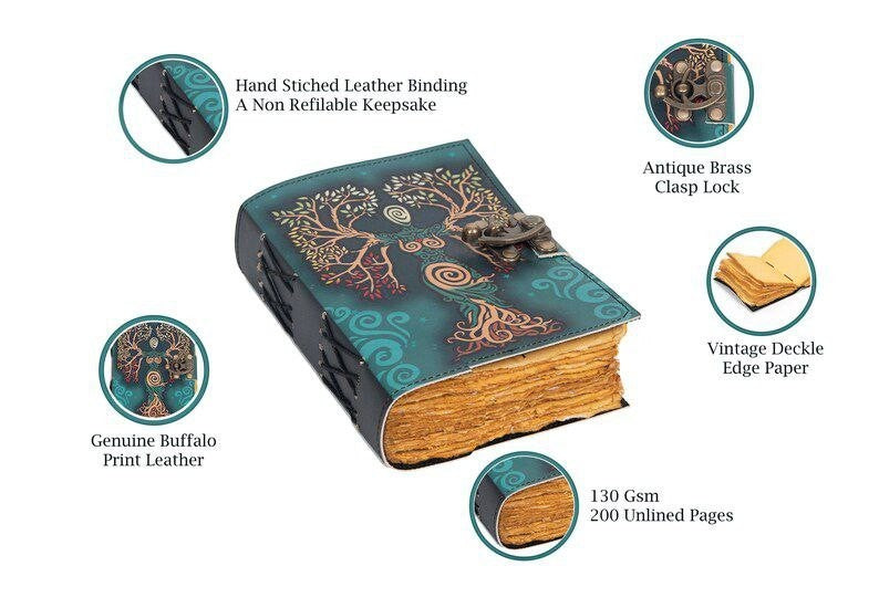Retkatha handcrafted teal leather journal with Tree of Life motif, brass clasp, and vintage deckle edge paper pages.
